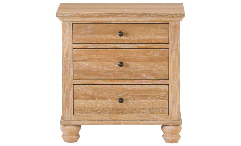 Wooden nightstand with three drawers on a white background